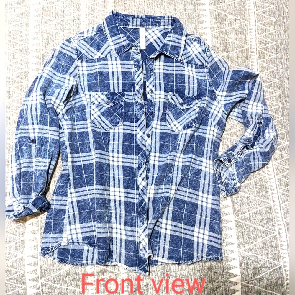 Warehouse One, ladies size 12 blue plaid button up shirt